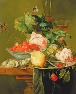 Stilleben af roser, østers, jordbær i en porcelænsskål og andre frugter på tinvarer, ca. 1820