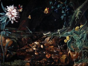 Stream i en dell med blomster og krybdyr (olie på lærred) af Dutch School