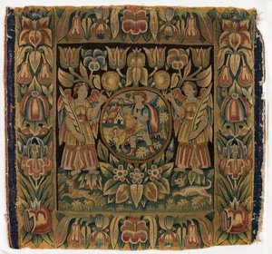 Tapestry, Samson and the Lion i rundel ophængt af to engle, lavet i Amsterdam, Holland eller Hamborg, Tyskland, begyndelsen af det 17. århundrede (uld) af Dutch School