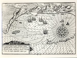 Viceadmiral Wybrandt Van Warwijcks-flotillens ankomst til Mauritius sydøstlige havn i september 1598 af Dutch School