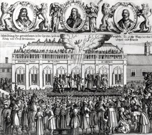 Halshugningen af kong Charles I (1600-49) 1649 (gravering) (bw foto) af Dutch School