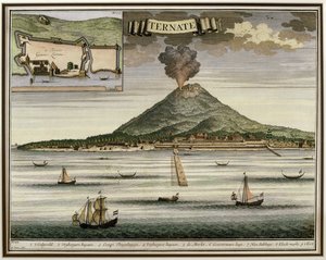 Øen Ternate, Molukkerne, Indonesien, illustration fra Oud Nieuw Oost-Indien, 1724-26 af Dutch School