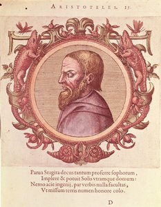 Filosoffen Aristoteles (384-322 f.Kr.), illustration fra oldtidens og nyere fysik og filosoffers ikoner af Johannes Sambucus (1531-1584), udgivet af Plantin i Antwerpen 1574 (farvegravering) af Dutch School