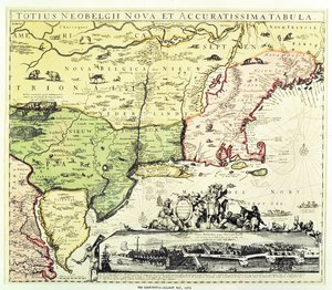 Restitutio-Allardt-kortet over New Amsterdam, indgraveret og pub. af Carolus Allardt, 1673 (kobberstik)