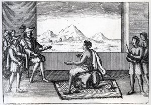 Mødet mellem dronning Nzinga af Ndongo og Joao Correia de Sousa, den portugisiske guvernør af Luanda, i 1622 (kobberstik) af Dutch School
