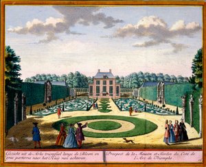 Udsigt over huset og haven tæt på triumfbuen fra Het Zeganpralent Kennemerlant af Hendrick de Leth og Matthias Brouerius Van Nidek, udgivet ca. 1700-30 af Dutch School
