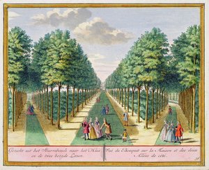 Udsigt over skoven til huset og de to sidegader, Watervliet, fra Het Zegen Pralent Kennemerland, af Hendrik de Leth og Matthias Brouerius Van Nidek, udgivet ca. 1700-1730 af Dutch School