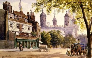 The Old George og Tower of London (akvarel) af E.A. Roberts