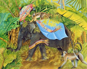 Elefant med aber og parasol, 2005 (akryl på lærred)
