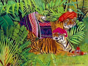 Tigerfamilie med thailandske tøj, 2004 (akryl på lærred) af E.B. Watts