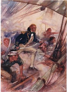 Nelson boarding the San Josef at the Battle of St Vincent, illustration fra 