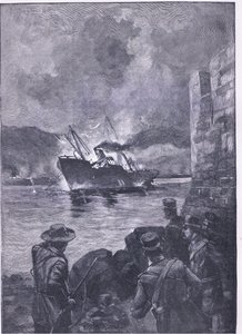 The Spanish American War: The sinking of the Merrimac, illustration fra Cassells History of England, 1900-tallet