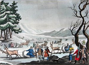 Tungus forlader deres vinterlejr på slæder trukket af rensdyr, ca. 1820 (farvegravering) af E. (after) Karnejeff