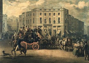 "The Age" Brighton Coach ved Bull and Mouth, Regent Circus (gravering) af E. F. Lambert
