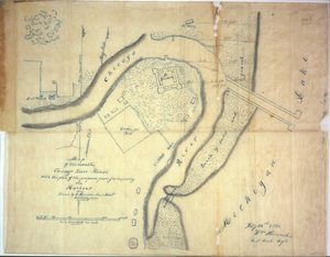 Kort over mundingen af Chicago River, Illinois med planen for de foreslåede moler til forbedring af havnen, 1830