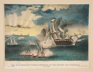 Den amerikanske fregat Philadelphia på klipperne ud for Tripoli (Fra U.S. Military Magazine Army and Navy, bind II) af E. J. Pinkerton