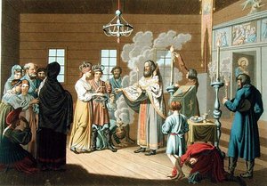 Det russiske ægteskab, graveret af X. Wagner (farve litho)