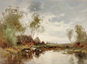 Landskab med vindmølle af E. Landseer Harris