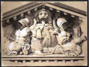 Et skulpturelt fronton i Louvre (kul med hvidt kridt på papir) af E. Laquerbe