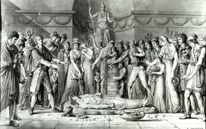 Jean Paul Marats begravelse (1743-93) i kapellet i Club des Cordeliers, 16. juli 1793, ca. 1793 (pen og blæk på papir) (bw foto) af E. Le Sueur