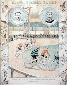 Charles Terront (1857-1932) og Jules Corre på Galerie des Machines i februar 1893, fra en skolebog (farve litho) af E. Letellier