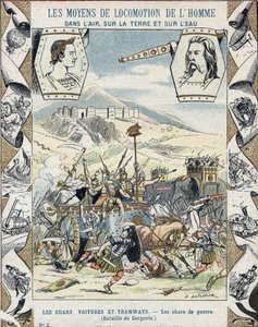 Galliske krigsvogne i slaget ved Gergovia - Fra et beskyttende hylster til skolebøger, slutningen af det 19. århundrede - Tanks de guerre a faux - Vercingetorix a la battle de Gergovia (52 f.Kr.) under gallernes krig - illustration af E Letellier - Protege