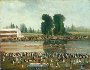 Roning Scene: Crowds Watching from the River Banks, slutningen af det 19. århundrede. af E. Levy