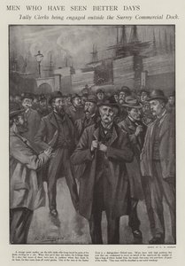 Mænd, der har set bedre dage: talfunktionærer bliver forlovet uden for Surrey Commercial Dock, London (litho) af E. S. (after) Hodgson