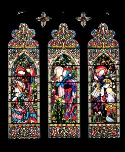 Bebudelsen, visitationen og fødselen, lavet af Lavers og Barraud, 1860 (farvet glas) (se også 11886) af E. and Halliday, M. F. Burne Jones
