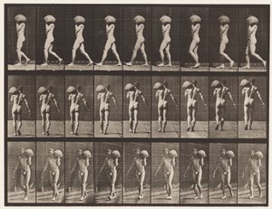 Plade 26. Gående, bærende 75-lb sten på venstre skulder af Eadweard Muybridge