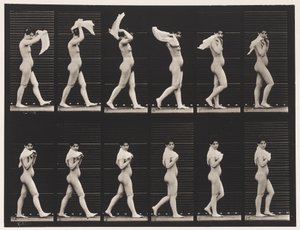 Tallerken 40. Går, kaster lommetørklæde over skuldrene af Eadweard Muybridge