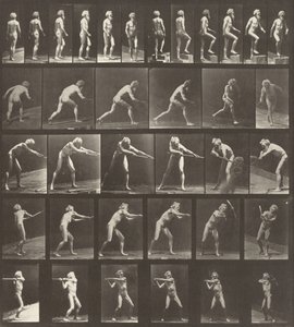 Plade nummer 521. A: Gående. B: At gå op ad et trin. C: Kaster disken. D: Ved hjælp af en skovl. E, F: Ved hjælp af en pick af Eadweard Muybridge