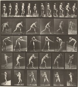 Tallerken nummer 521. A: Gående. B: Stigende trin. C. Kasteskive. D: Bruger skovl. E, F. Brug af pick af Eadweard Muybridge