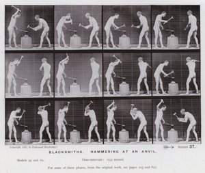Den menneskelige figur i bevægelse: Smede, der hamrer på en ambolt (s/h foto) af Eadweard Muybridge