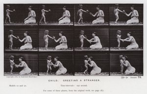 Den menneskelige figur i bevægelse: Barn, hilser på en fremmed (s/h-billede) af Eadweard Muybridge