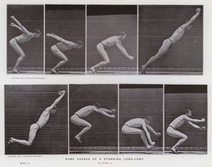 Den menneskelige figur i bevægelse: Nogle faser af et stående længdespring (s/h foto) af Eadweard Muybridge