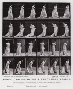 Den menneskelige figur i bevægelse: Kvinde, justerer tog og drejer rundt (s/h foto) af Eadweard Muybridge