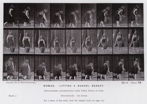 Den menneskelige figur i bevægelse: Kvinde, der løfter en skæppekurv (s/h foto) af Eadweard Muybridge
