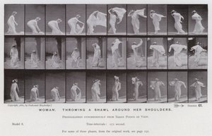 Den menneskelige figur i bevægelse: Kvinde, der kaster et sjal om sine skuldre (s/h-billede) af Eadweard Muybridge