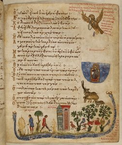 Tilføje. 19352, f.36r Ørn sendt af Baruch; havescene, fra Theodore Psalter af Eastern Mediterranean School