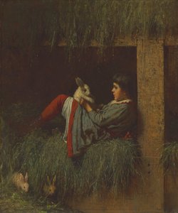 Barn leger med kanin af Eastman Johnson
