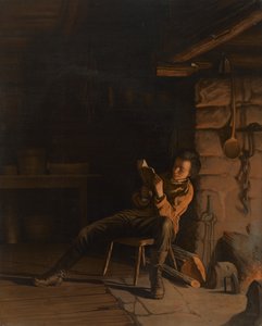 Lincolns drengetid. (An Evening in the Log Hut.), 1868 (kromolitografi på papir om bord)