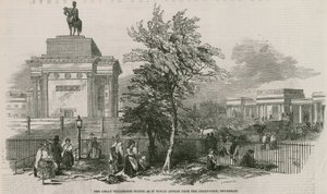 Den store Wellington-statue og buen, som den ville se ud fra Green Park, Piccadilly af Ebenezer Landells