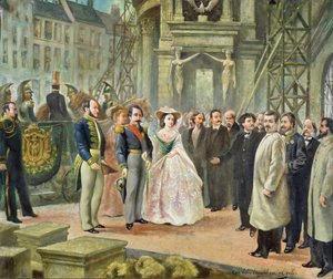 Baron Georges-Eugene Haussmann (1809-91) Napoleon III (1808-73) og kejserinde Eugenie (1826-1920) på besøg hos arbejderne i operaen af Ed. Gilis