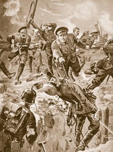 Korporal J. Davies og otte mænd dirigerer med bajonetten et parti tyskere, der tidligere havde omringet dem (litho)