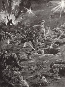 Løjtnant Benjamin Geary skynder sig under kraftig granatild til en skyttegrav til højre for Hill 60 for at komme i kontakt med en officer, Ypres, Belgien, april 1915