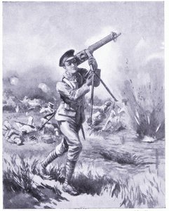 Menig Lynn bærer et maskingevær væk til reparation under kraftig beskydning i slaget ved Aisne. Tildelt DCM 1915 af Edgar Alfred Holloway