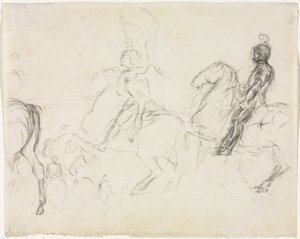 Kampscene med pansrede figurer på hesteryg recto to siddende kvinder verso, 1856-1860. af Edgar Degas