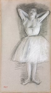 Danser, armene løftet bag hovedet; Danserinde, hendes arme løftet og bragt bag hovedet, af Edgar Degas