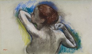 Danserinde justerer sin skulderrem, ca. 1895-1900 (kul & pastel på papir) af Edgar Degas
